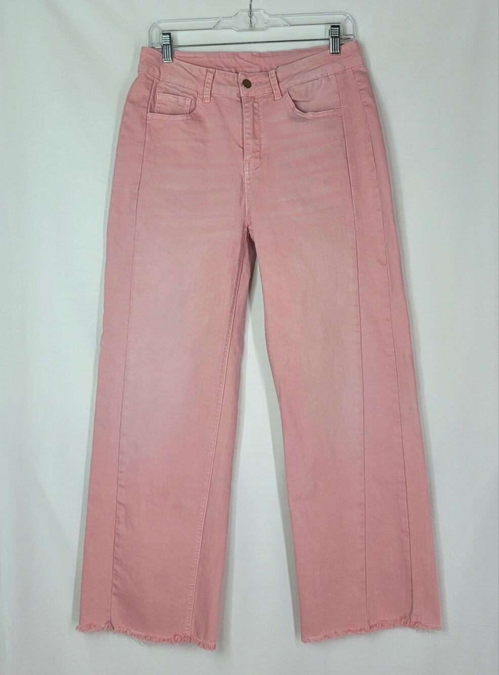 SIDEFEEL High Rise Front Seam Detail Raw Hem Wide Leg Pink Denim Jeans Size 12